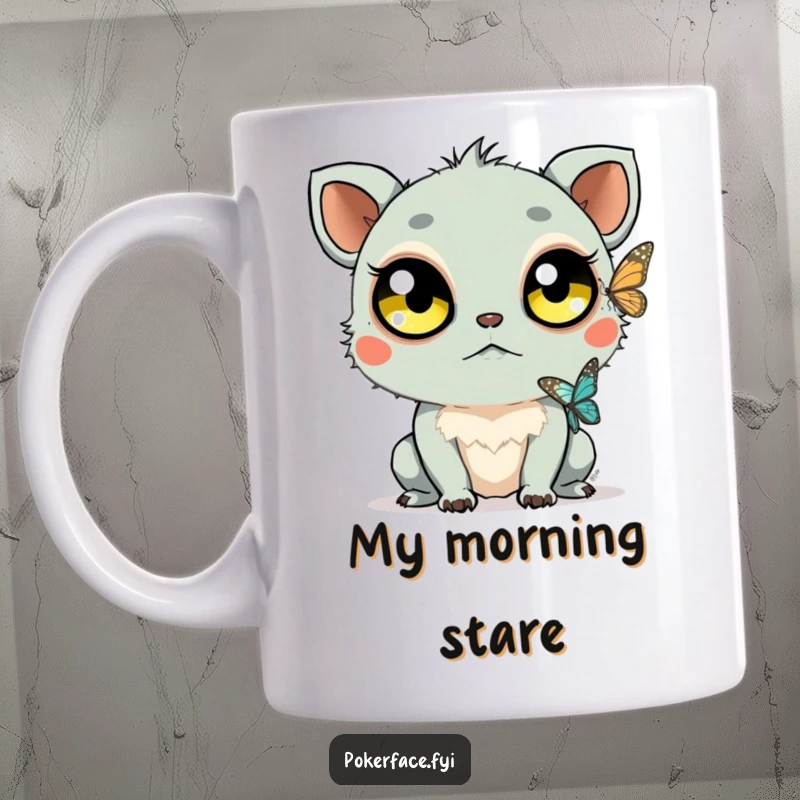 Funny Staring Creature Mug: Creature with large unblinking eyes watches a butterfly, depicting funny, calm observation.