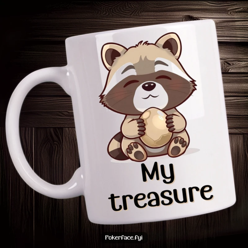 Funny Mug showing a contented raccoon with still whiskers, proudly holding a shiny pebble, embodying simple joy.