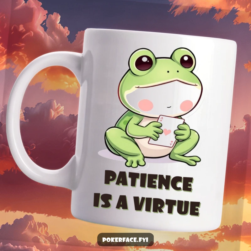 Funny Frog Mug: A still, calm frog playing cards with a relaxed expression, perfect for game nights.