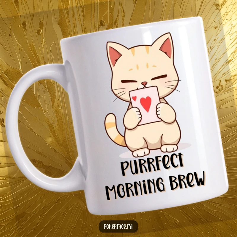 Funny mug showcasing a calm cat character holding a single playing card with a completely neutral, unexpressive face.
