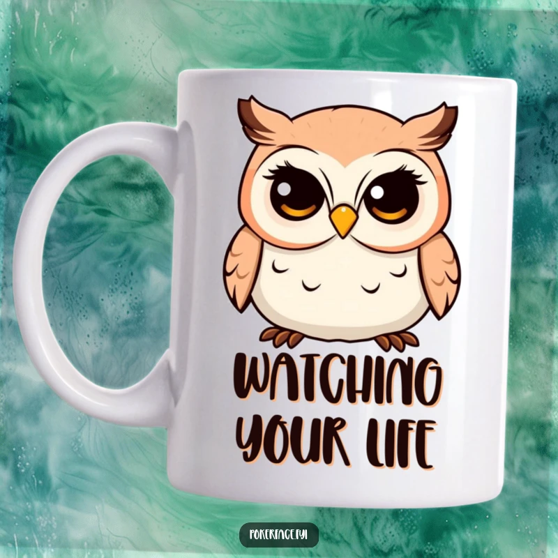 Funny Owl Mug featuring a placid character with a fixed, unwavering gaze, conveying silent wisdom and amusing stoicism.
