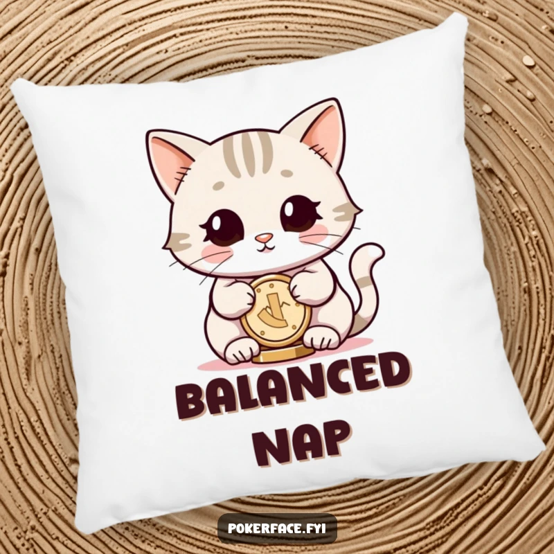 Funny pillow showcasing a smiling cat with neutral eyes, perfectly balancing a coin, offering comfort and serene humor.