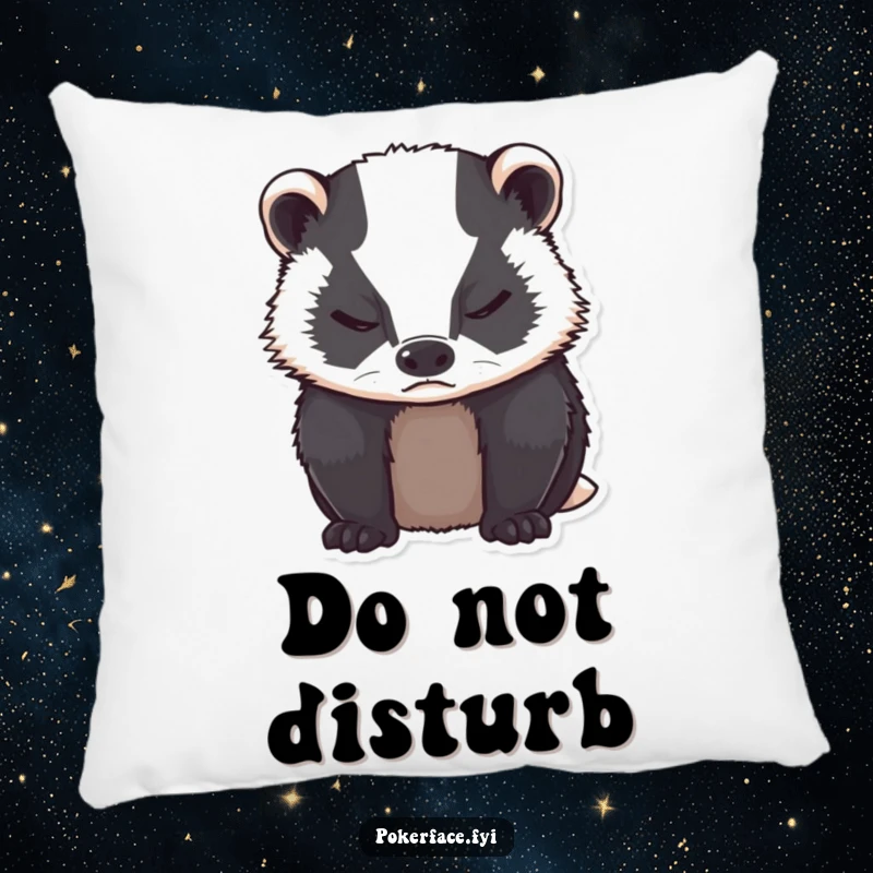 Funny grumpy badger with neutral expression, closed eyes on a pillow.