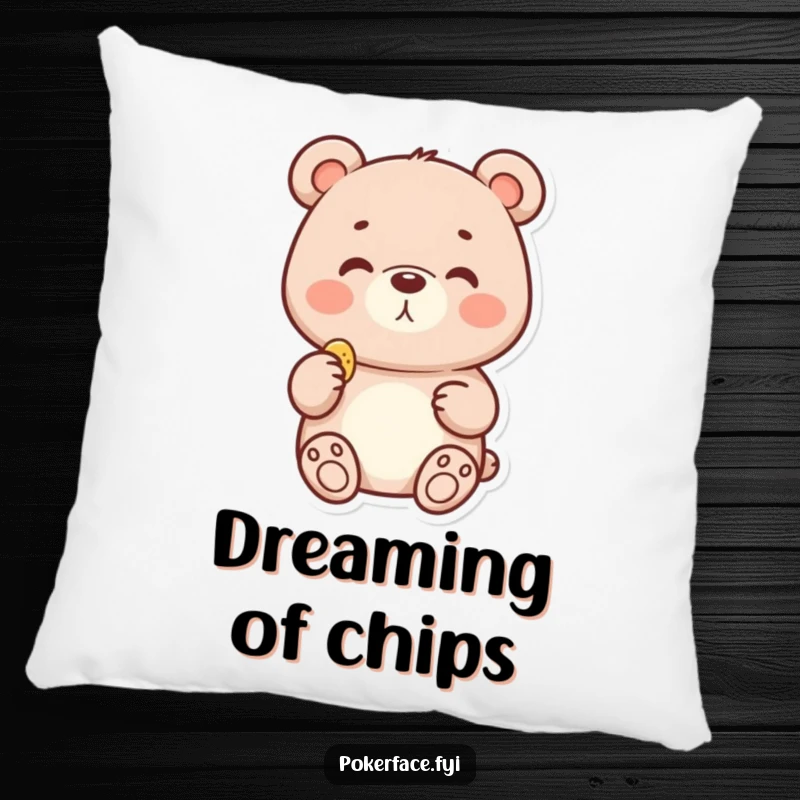 Funny pillow design of a delighted bear with a neutral face holding a tiny chip, adding understated joy to decor.