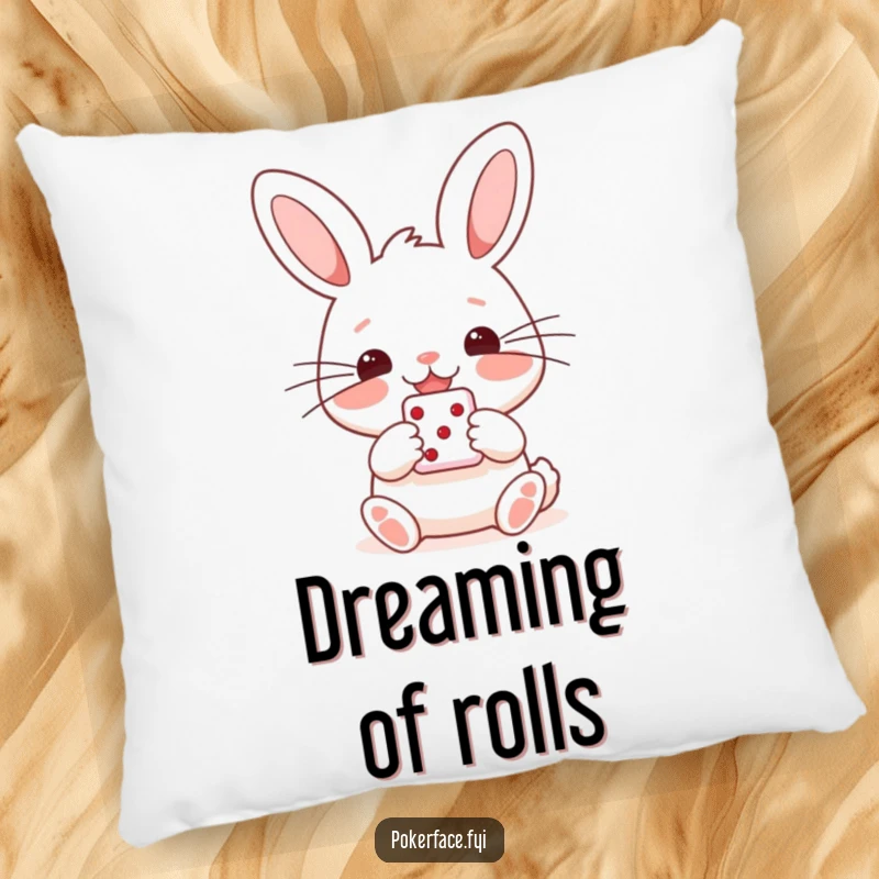 Funny pillow showcasing a happy rabbit with straight whiskers, holding a single die, offering comfort and cheerful luck.