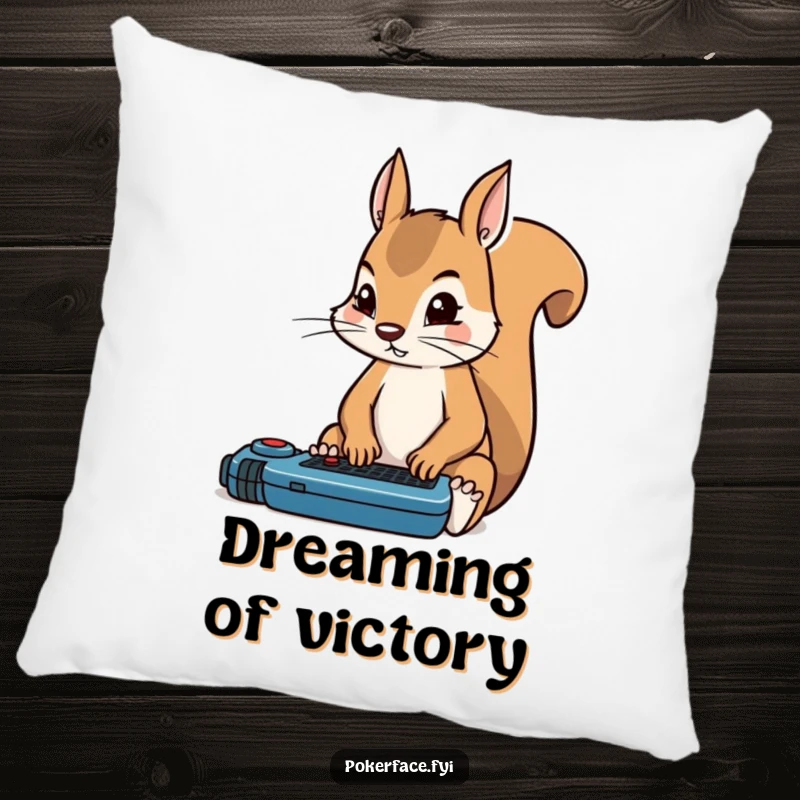 Funny squirrel pillow illustrating a poker player squirrel with rigid, intense focus, perfect for a game room or study.