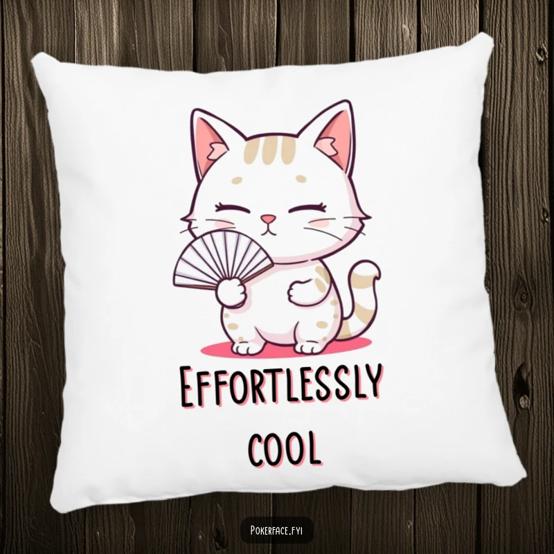 Funny pillow featuring a cat with a blank expression holding a fan, providing comfort with a side of hilarious indifference.