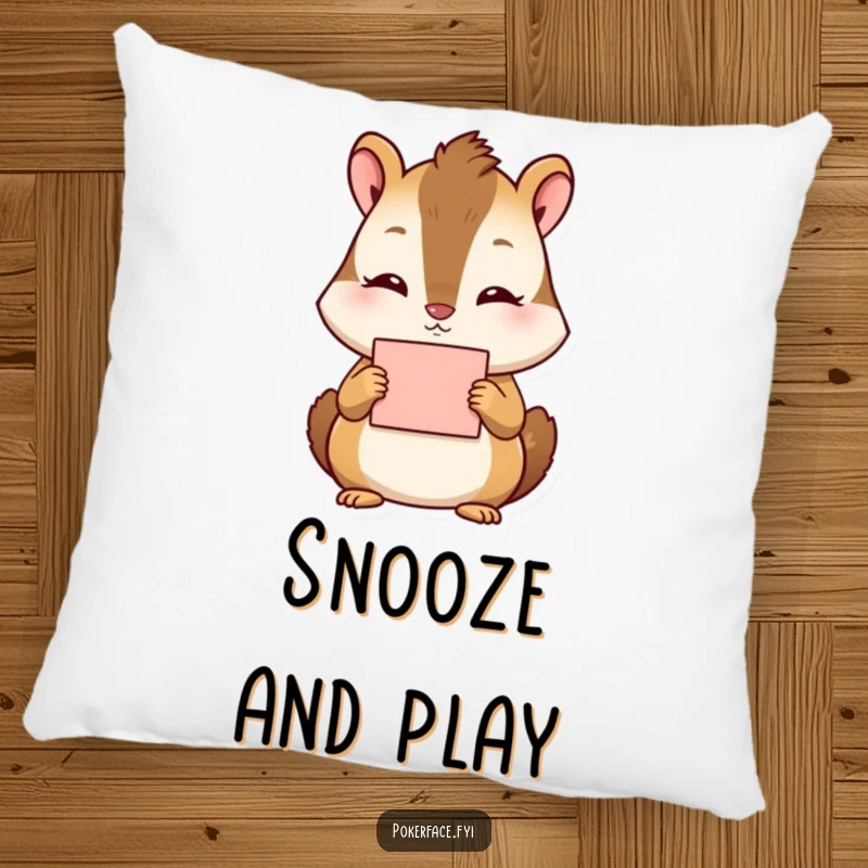 Funny Chipmunk Pillow: Tranquil chipmunk character with no discernible emotion holding a card, offering plush comfort.
