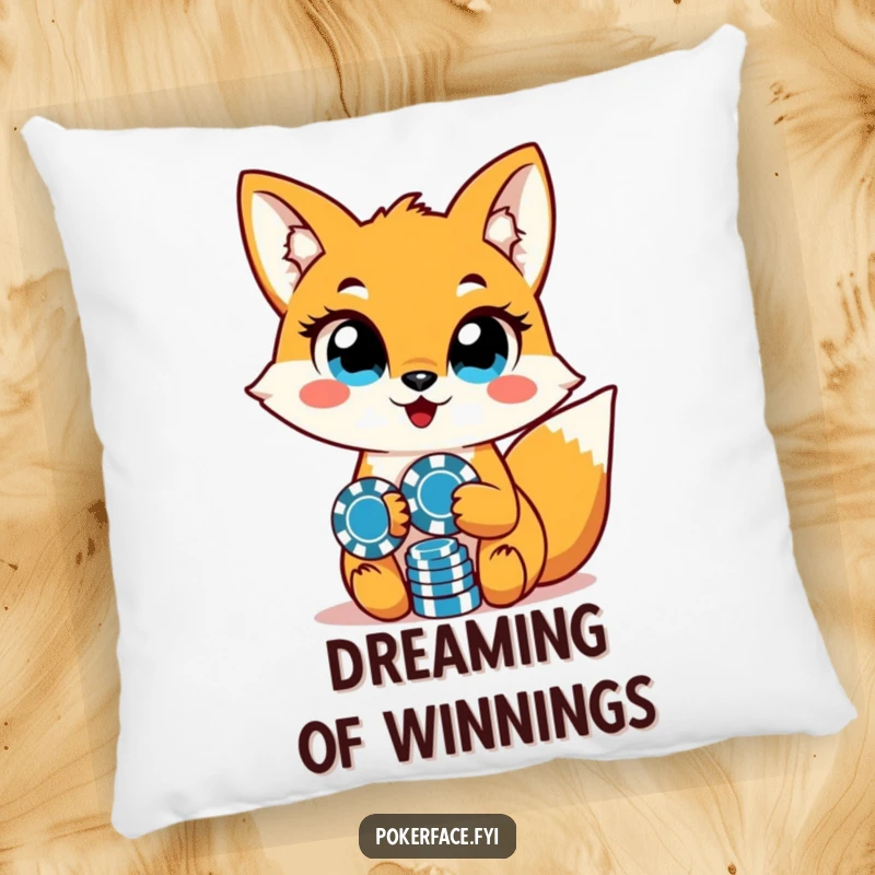 Funny fox character with unwavering eyes and poker chips, featured on a soft and comfortable throw pillow.