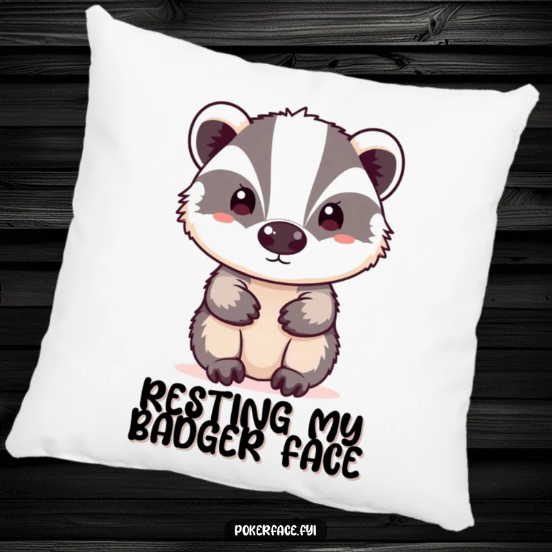 Funny neutral badger pillow with a badger character exhibiting a blank, neutral expression, perfect for comfort.