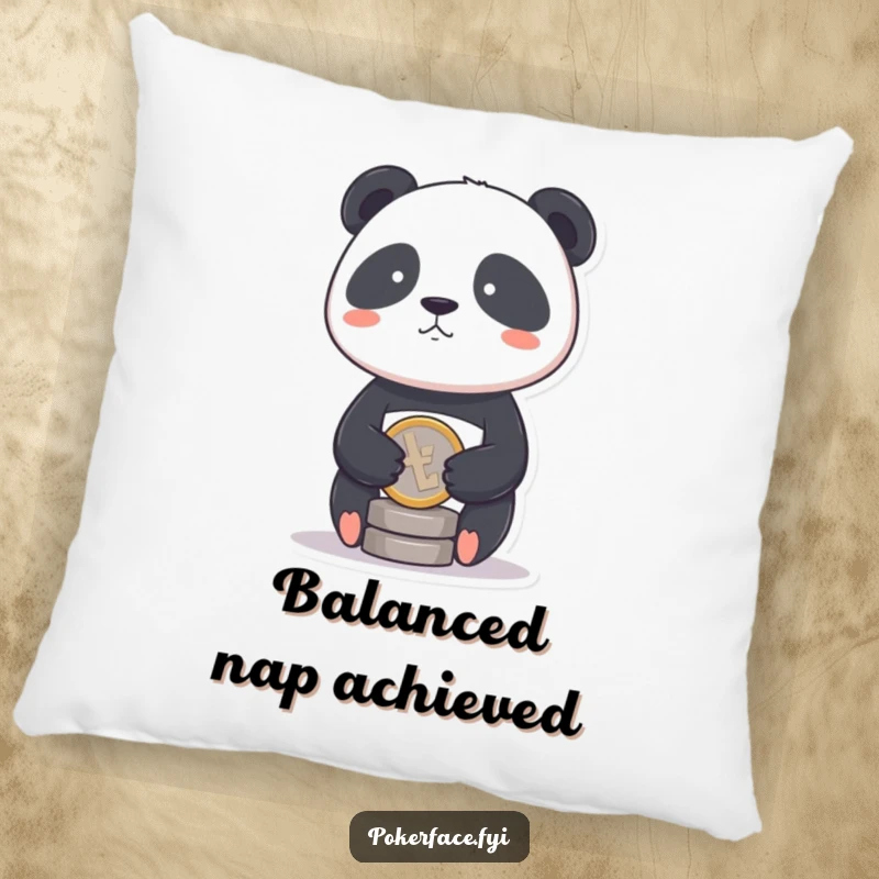 Funny Panda Coin Pillow with a panda having a stoic face balancing a single coin, providing humorous comfort.