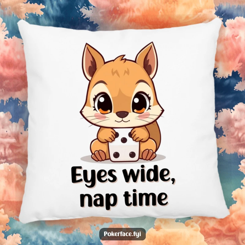 Funny Squirrel Pillow showing a wide-eyed squirrel staring intently at a dice, providing humorous comfort and decor.