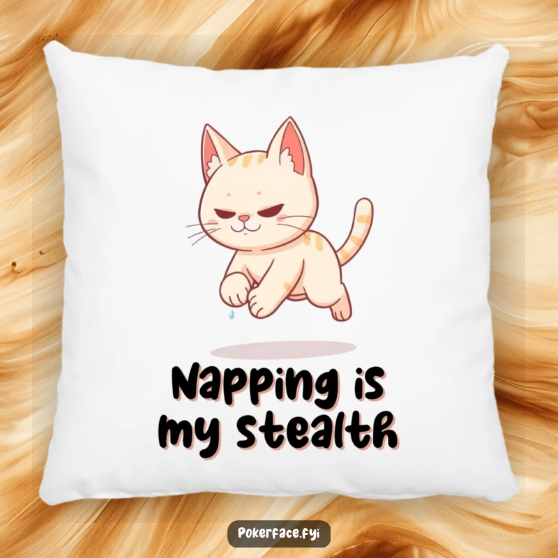 Funny stealthy cat tiptoeing slowly with sweat on brow on a pillow.