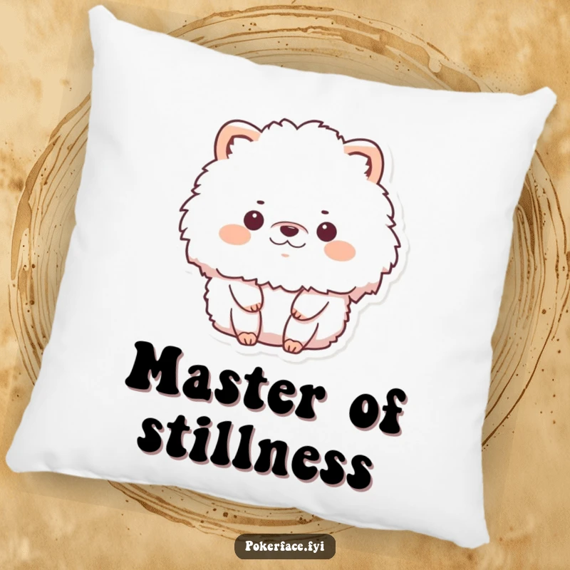Funny pillow with a fluffy animal character in complete stillness and no emotion, offering cozy comfort and humorous serenity.