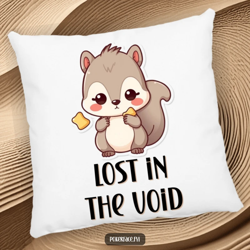 Funny Pillow: A charming Kawaii squirrel with a blank expression, holding a single chip, offering humorous comfort.