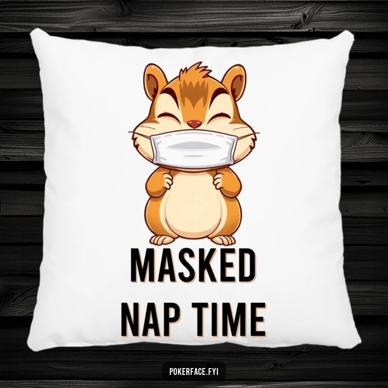 Funny pillow showcasing a giggling chipmunk with still paws and a blank mask, offering comfort and mysterious humor.