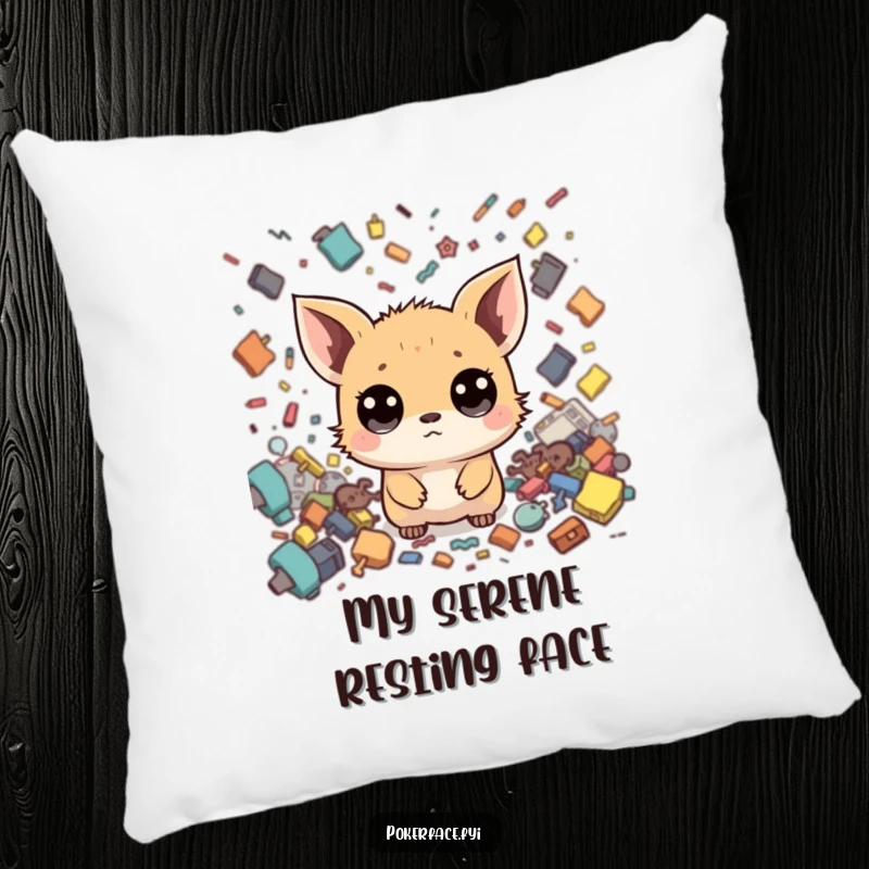 Funny Zen Creature Pillow: Tiny creature with wide eyes, neutral face amidst chaos, offering humorous comfort and calm.
