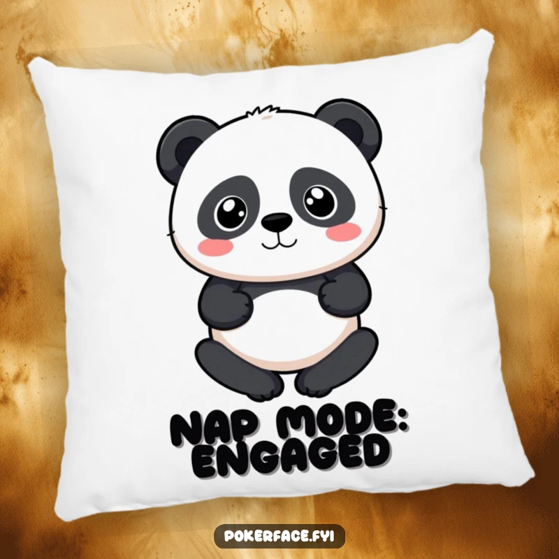 Funny Panda Pillow depicting a panda with a perfectly neutral expression, offering humorous comfort and serene calm, a great funny gift.