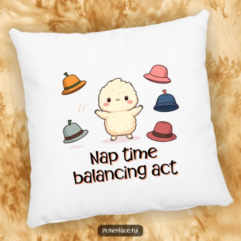 Funny Juggling Creature Pillow: Small fluffy character attempting to juggle hats, providing humorous comfort and charm.