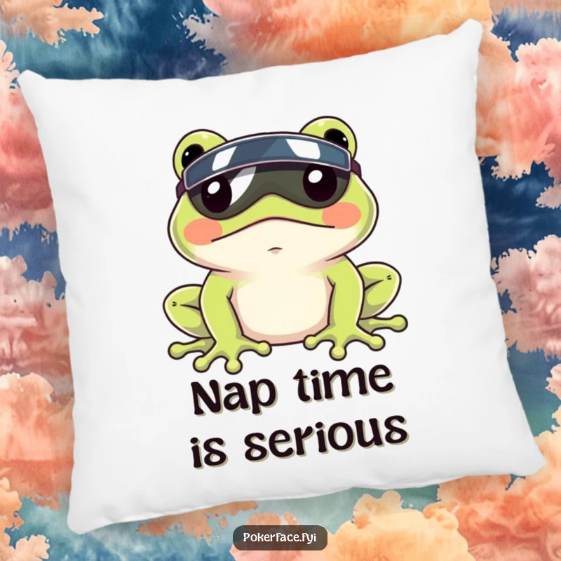 Funny Frog Visor Pillow with a frog wearing a visor and a completely still face, providing humorous comfort.