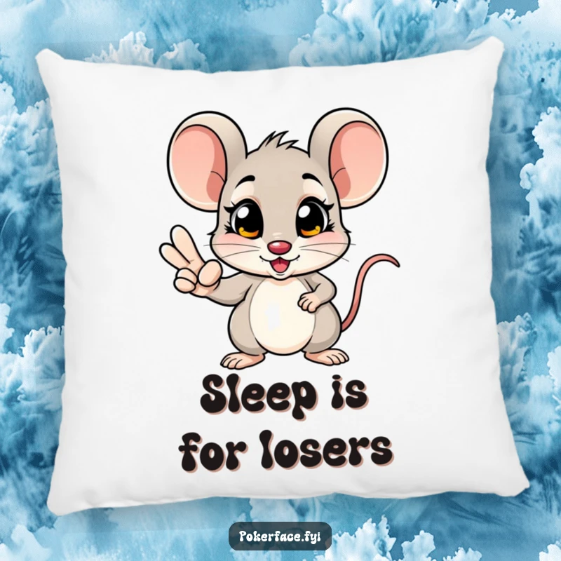 Funny mouse pillow illustrating a poker champion mouse with a winning hand and unblinking eyes, perfect for cozy gaming sessions.