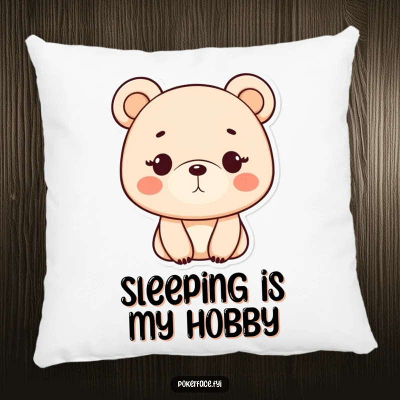 Funny Pillow: A soft pillow showcasing a monotone bear with a perfectly neutral expression, ideal for adding calm and humor to relaxation.