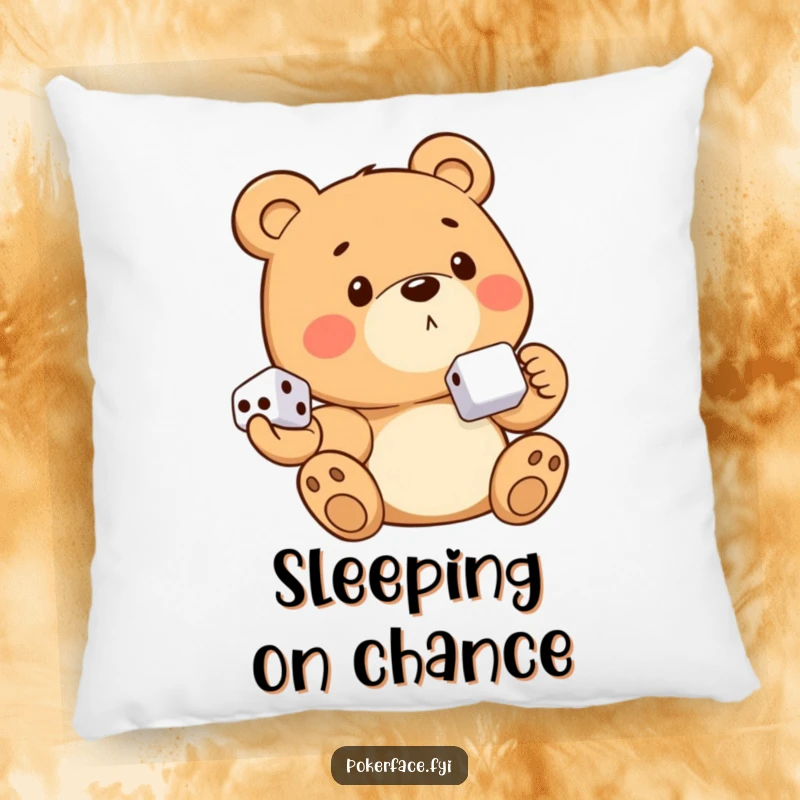 Funny bear character with no discernible emotion, holding dice, featured on a soft and comfortable throw pillow.