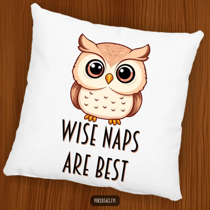 Funny serene owl pillow with an owl character displaying wide, unwavering eyes, perfect for cozy comfort.