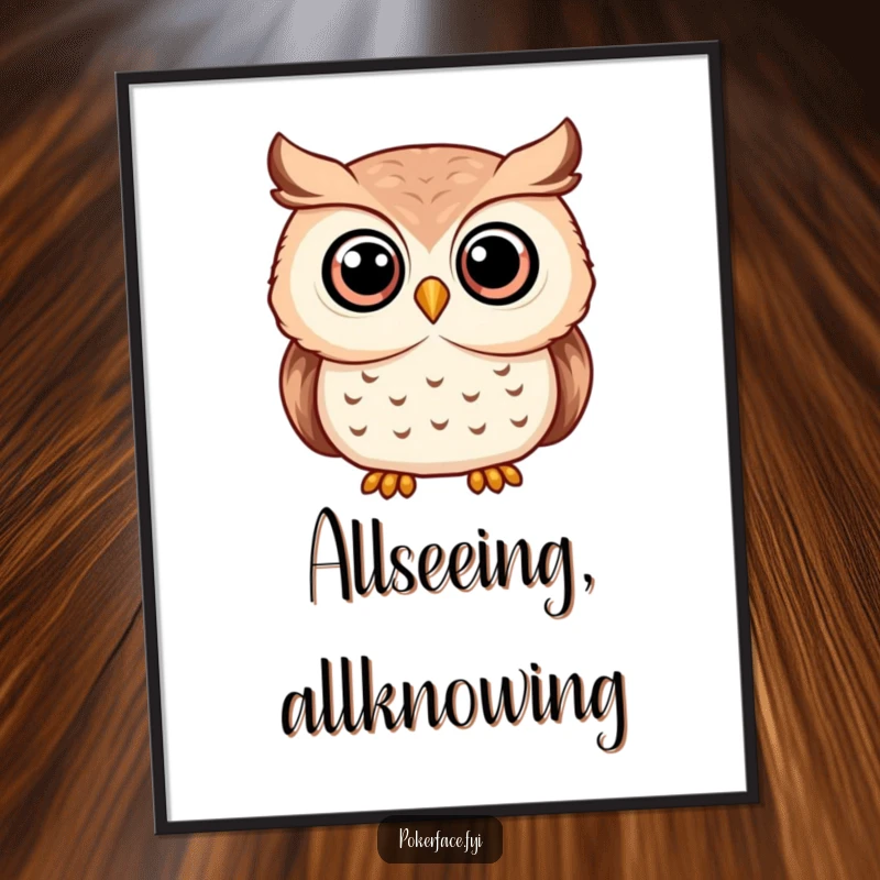 Funny serene owl digital art print of an owl with wide, unwavering eyes, adding calm and wisdom.