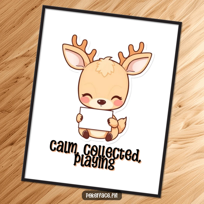 Funny Deer Digital Art Print: Placid deer with a neutral gaze holding a card, conveying calm and humor.