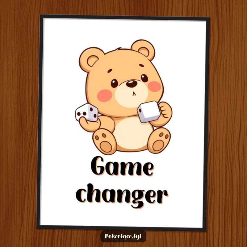 Funny bear character with no emotion, holding dice, as a digital art print, available for instant download.
