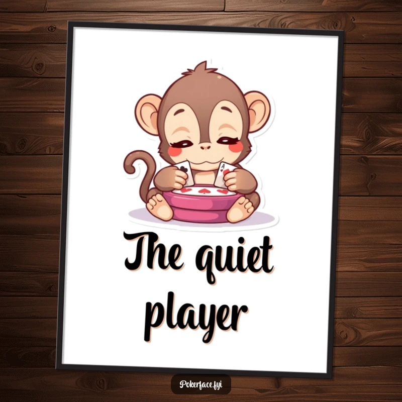 Funny Kawaii Monkey Digital Art Print: A kawaii monkey with serene eyes observing a card game, offering an instant, humorous, and wise piece of art.