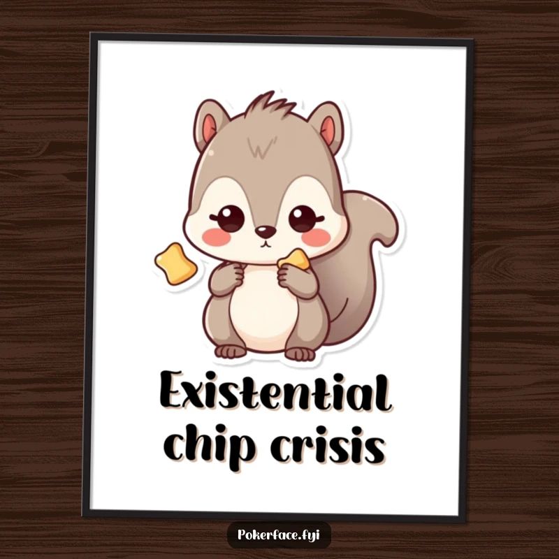 Funny Digital Art: Kawaii squirrel with a completely blank expression, holding one chip, a humorous and quirky wall decoration.