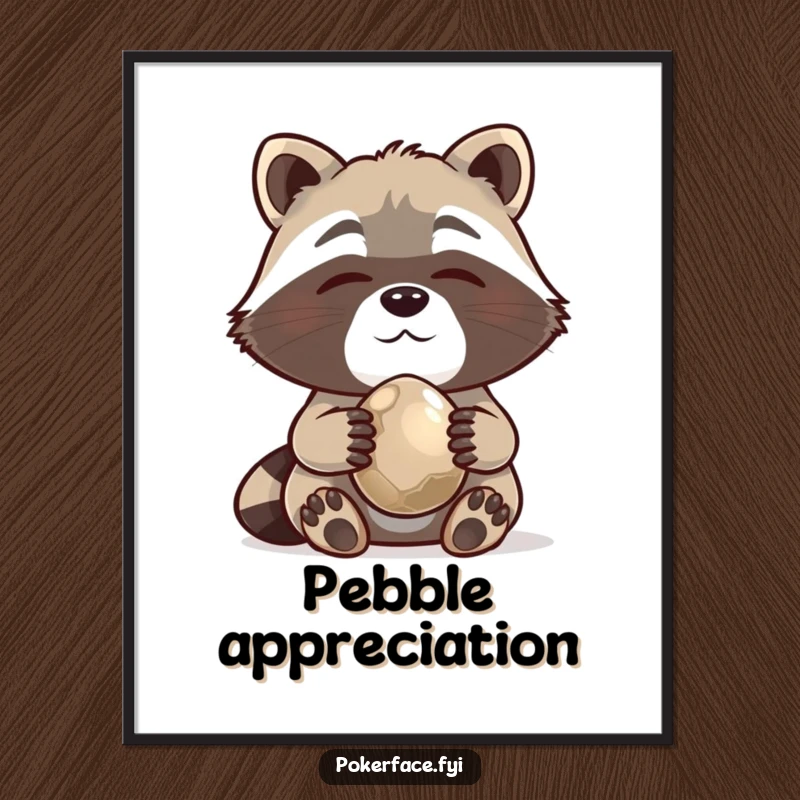 Funny Digital Art Print of a content raccoon holding a shiny pebble, celebrating collections and simple pleasures.