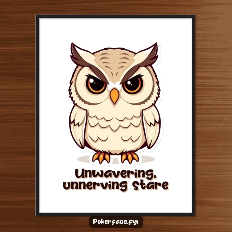 Funny Owl Digital Art Print of a stoic owl with unblinking eyes, conveying humorous wisdom and calm, a downloadable funny gift.