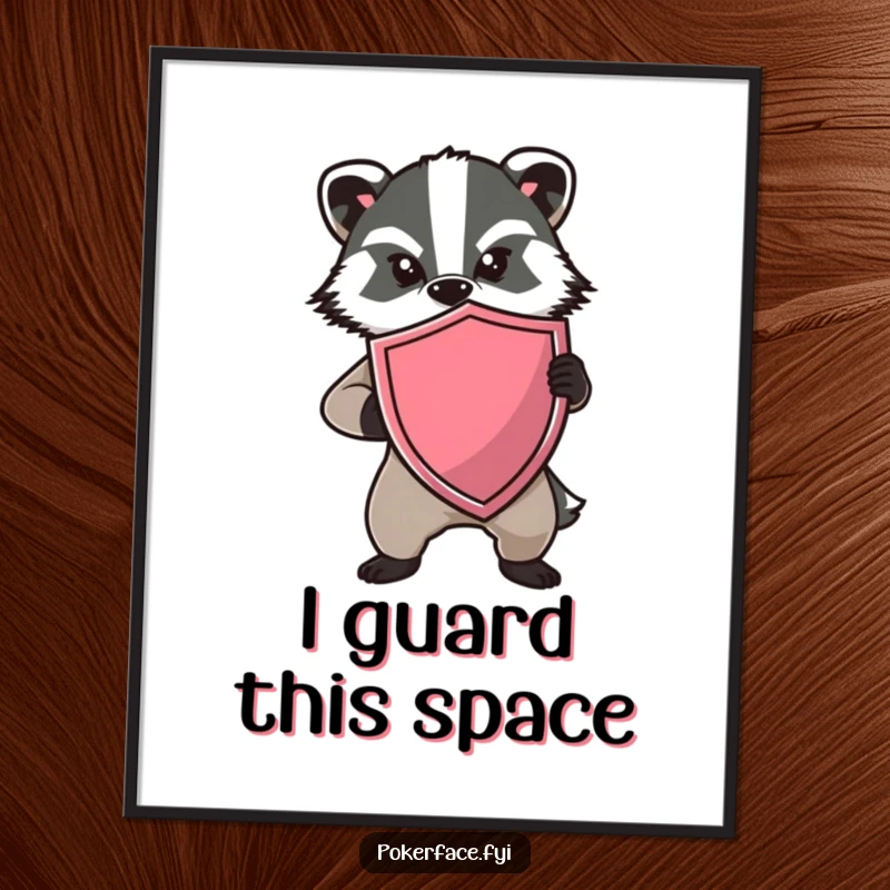 Funny Badger Shield Digital Art Print of a determined badger holding a shield with no expression, offering humorous wall decor.