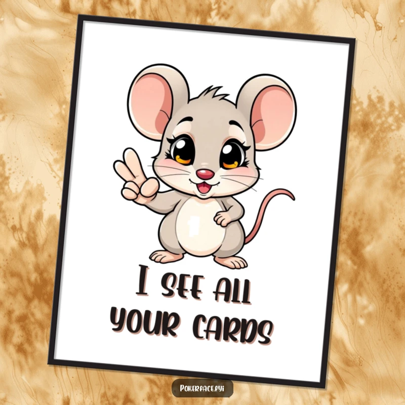Funny digital art print of a poker champion mouse holding a winning hand, its unblinking eyes conveying absolute focus and luck.