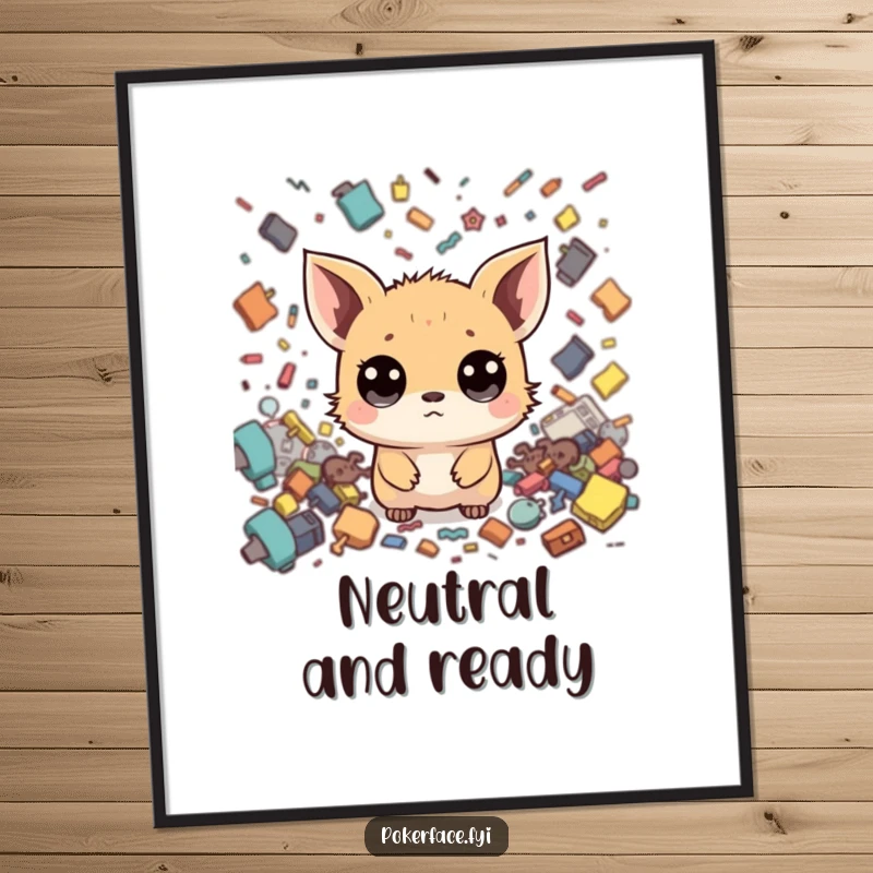 Funny Zen Creature Digital Art Print: Tiny creature with neutral face amidst chaos, bringing humorous calm to any screen.