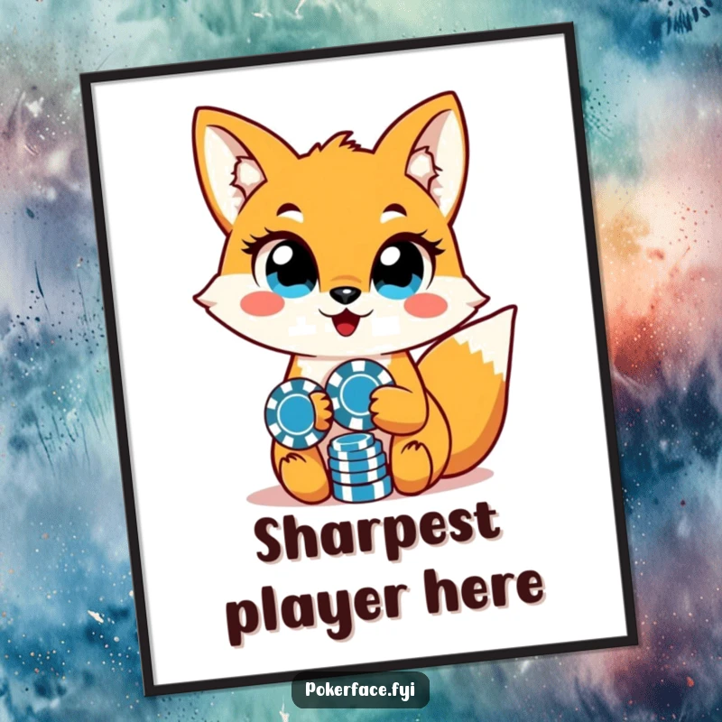 Funny fox character with unwavering eyes, holding poker chips, as a digital art print for instant download.