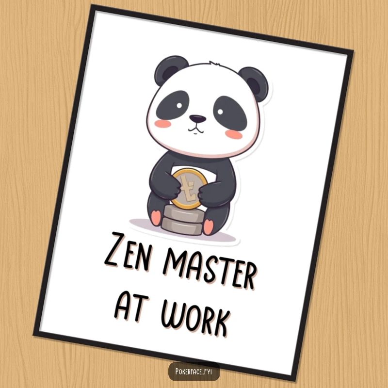 Funny Panda Coin Digital Art Print of a panda with a stoic face balancing a coin, offering humorous wall decor.