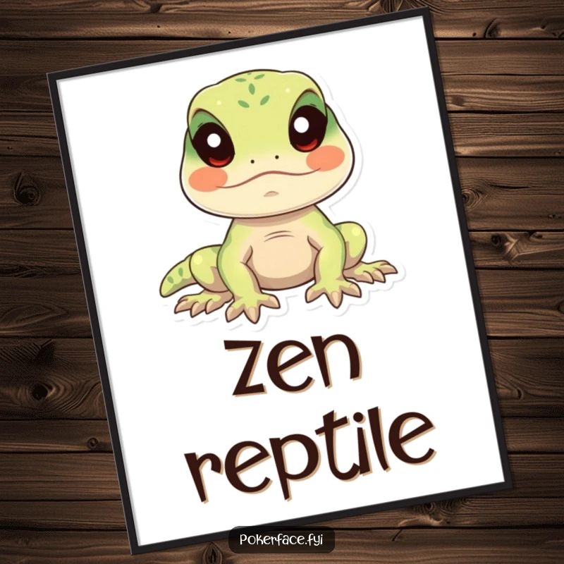 Funny lizard digital art print of a calm lizard character perfectly still with eyes forward, perfect for humorous wall decor.