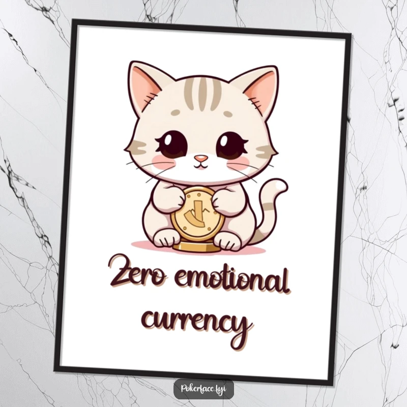 Funny digital art print of a smiling cat with neutral eyes, balancing a coin, offering instant zen and humorous decor.