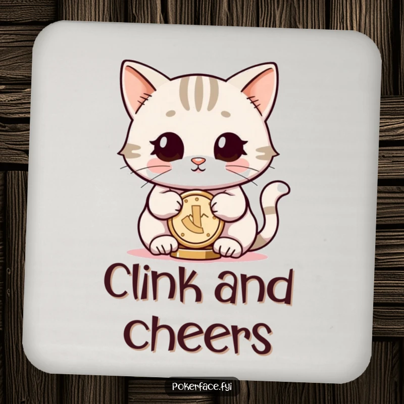 Funny drink coaster featuring a smiling cat with neutral eyes, balancing a coin, protecting tables with serene humor.