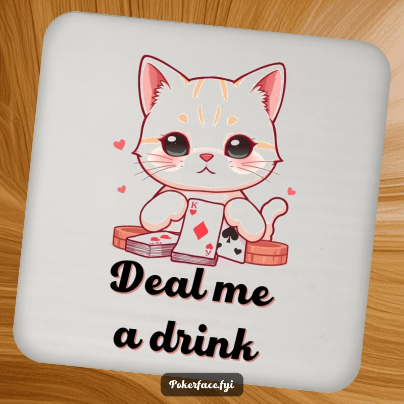 Funny cat with a neutral expression playing cards on a protective drink coaster.