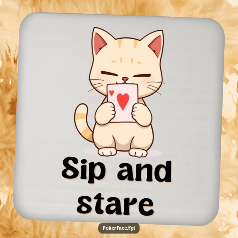 Funny drink coaster featuring a calm cat character holding a playing card with a neutral, unexpressive face, adding feline mystery and protection.