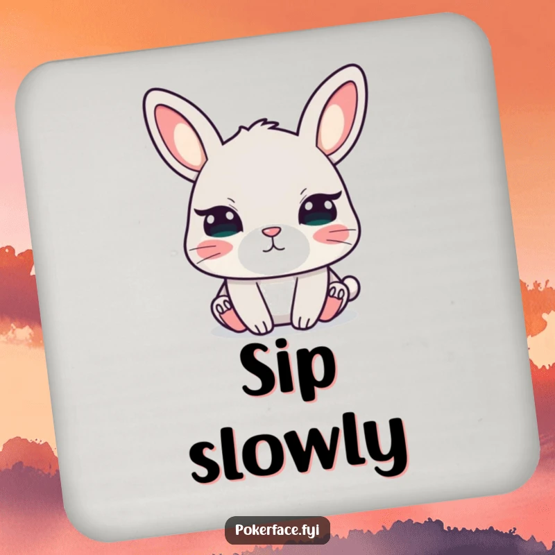 Funny coaster featuring a calm rabbit with unblinking eyes, a humorous and cute accessory for any drink.