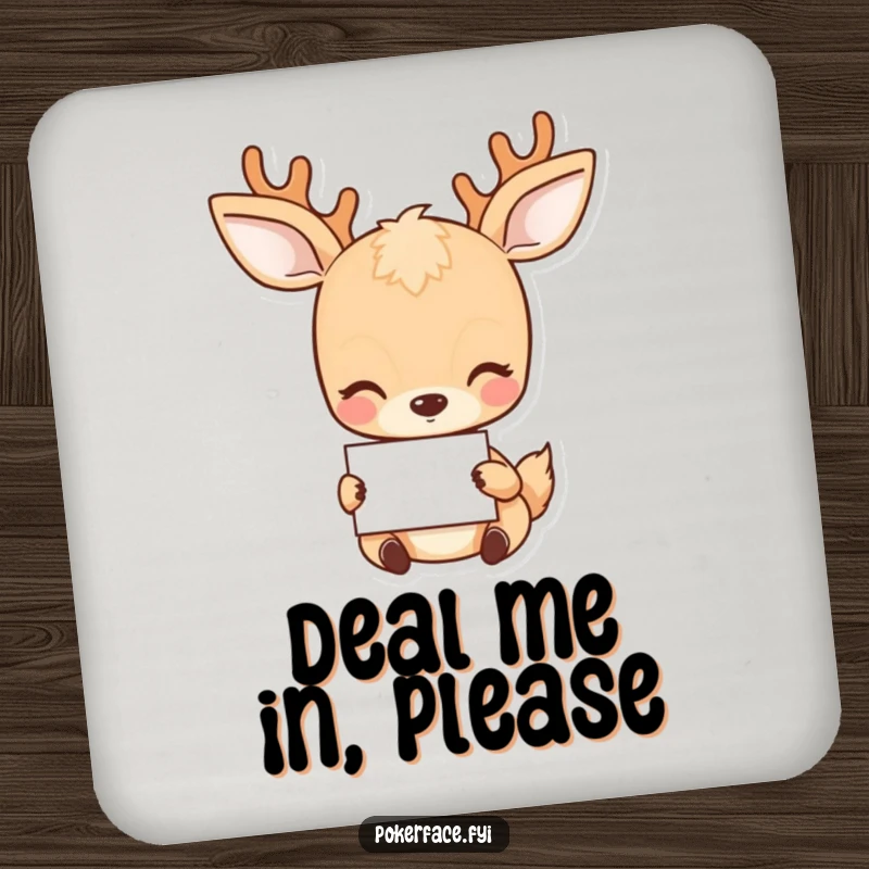 Funny Deer Coasters: Set of 4, featuring a placid deer with a neutral gaze holding a card.