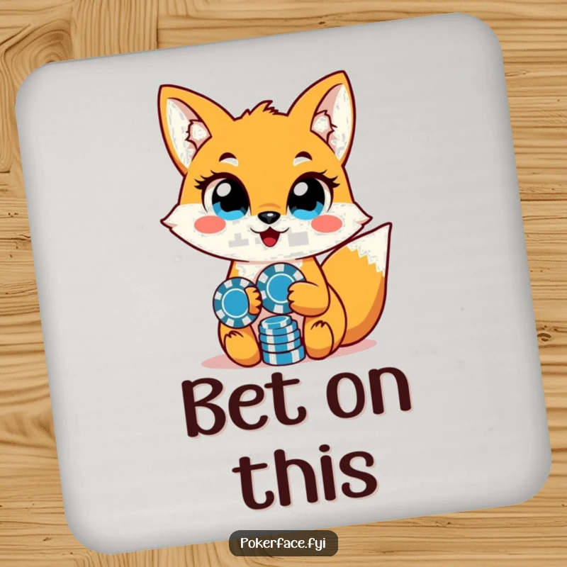 Funny fox character with unwavering eyes and poker chips on a protective drink coaster.