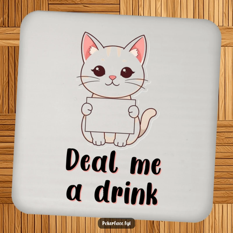 Funny Kawaii Cat Drink Coaster: A kawaii cat with a neutral face offering a card, adding a humorous and protective element to tabletops.
