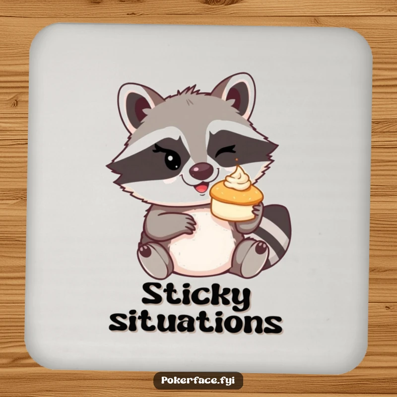Funny mischievous raccoon winking, about to toss a tiny cream pie on a drink coaster.
